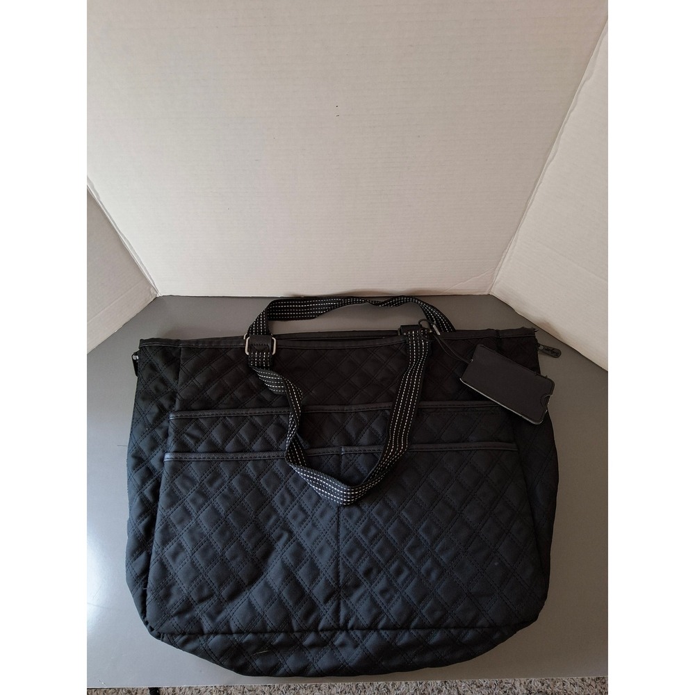 Thirty-One Black Quilted Tote Bag Chevron Lining Large Travel Work Shoulder Bag